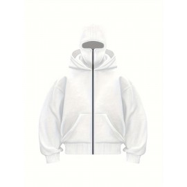 Men'S Windproof Full-Zip Hooded Jacket with Detachable Balaclava - Heavy-Duty Full-Zip Front, Loose Fit Casual Winter Coat, Geometric Pattern Hoodie for Outdoor Activities & Casual Attire, Windproof & High Quality Design, Full-Zip Hooded Sweatshirt