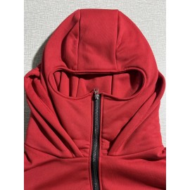 Men'S Windproof Full-Zip Hooded Jacket with Detachable Balaclava - Heavy-Duty Full-Zip Front, Loose Fit Casual Winter Coat, Geometric Pattern Hoodie for Outdoor Activities & Casual Attire, Windproof & High Quality Design, Full-Zip Hooded Sweatshirt