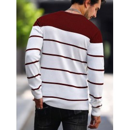 Men's Casual Striped Knit Pullover Sweater - Navy & White Contrast, Regular Fit H-Silhouette, Long Sleeve Crew Neck, Medium Stretch, Machine Washable for Spring & Fall, Medium-Stretch Fabric, Knit Sweater, Seasonal Clothing, Ribbed Detailing, Durable Construction, Versatile Top, Streetwear Style