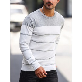 Men's Casual Striped Knit Pullover Sweater - Navy & White Contrast, Regular Fit H-Silhouette, Long Sleeve Crew Neck, Medium Stretch, Machine Washable for Spring & Fall, Medium-Stretch Fabric, Knit Sweater, Seasonal Clothing, Ribbed Detailing, Durable Construction, Versatile Top, Streetwear Style