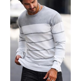 Men's Casual Striped Knit Pullover Sweater - Navy & White Contrast, Regular Fit H-Silhouette, Long Sleeve Crew Neck, Medium Stretch, Machine Washable for Spring & Fall, Medium-Stretch Fabric, Knit Sweater, Seasonal Clothing, Ribbed Detailing, Durable Construction, Versatile Top, Streetwear Style