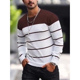 Men's Casual Striped Knit Pullover Sweater - Navy & White Contrast, Regular Fit H-Silhouette, Long Sleeve Crew Neck, Medium Stretch, Machine Washable for Spring & Fall, Medium-Stretch Fabric, Knit Sweater, Seasonal Clothing, Ribbed Detailing, Durable Construction, Versatile Top, Streetwear Style