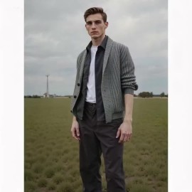 Men'S Oversized Two-Tone Knit Cardigan Sweater - V-Neck Button-Front Closure, Cozy Winter Pullover with Chest Pocket, Slim-Fit Casual Sweater for Coffee Dates & Weekend Outings, Y2K Retro Layered Outfits (Autumn/Winter) - Solid Color Block Design