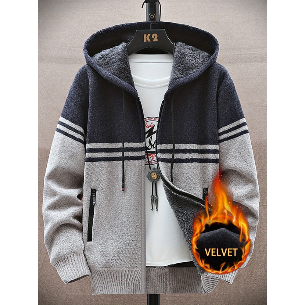 autumn and winter new casual striped hooded knitted sweater for middle-aged and young men, fashionable jacket, Seasonal Clothing, Everyday Sweater, Stylish Outerwear, Trendy Jacket, Warm Material, Pullover Jacket, Men's Sweater, Urban Style