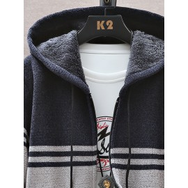 autumn and winter new casual striped hooded knitted sweater for middle-aged and young men, fashionable jacket, Seasonal Clothing, Everyday Sweater, Stylish Outerwear, Trendy Jacket, Warm Material, Pullover Jacket, Men's Sweater, Urban Style