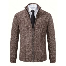 Men's Business Cable-Knit Sweater Jacket with Stand-Up Collar - Machine Washable Gray Winter Office Sweater Coat, Long Sleeve Casual to Meeting Wear, Gym Compatible for Professional & Everyday Use - Solid Color Mature Style