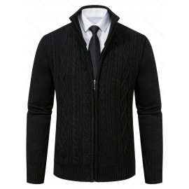 Men's Business Cable-Knit Sweater Jacket with Stand-Up Collar - Machine Washable Gray Winter Office Sweater Coat, Long Sleeve Casual to Meeting Wear, Gym Compatible for Professional & Everyday Use - Solid Color Mature Style