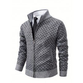 Men's Slim-Fit Thick Winter Knit Jacket with Stand Collar & Plaid Pattern - Warm Coat for Cold Weather, Casual Outerwear for Office or Everyday Use, Layering Piece under Suit Coats (Novelty Category)