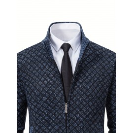 Men's Slim-Fit Thick Winter Knit Jacket with Stand Collar & Plaid Pattern - Warm Coat for Cold Weather, Casual Outerwear for Office or Everyday Use, Layering Piece under Suit Coats (Novelty Category)