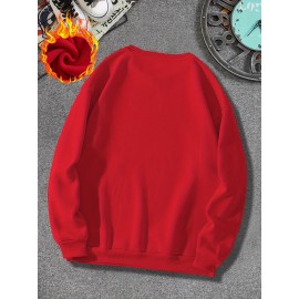 Men's Thick Fleece-Lined Winter Knit Sweater - Red with White Asian Calligraphy Print, Loose Fit Round Neck Casual Pullover, Machine Washable, Knit Sweater, Cozy Warm Clothing, Soft Texture Apparel