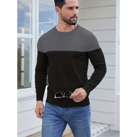 Men'S Casual Long Sleeve Crew Neck Sweater - & Grey Color Block Design, Soft Stretchy Fabric, Regular Fit, Spring/Fall Essential for Casual Attire, Knit, Spring Fall Clothing, Classic Knitwear, Comfortable Knitwear