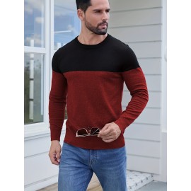 Men'S Casual Long Sleeve Crew Neck Sweater - & Grey Color Block Design, Soft Stretchy Fabric, Regular Fit, Spring/Fall Essential for Casual Attire, Knit, Spring Fall Clothing, Classic Knitwear, Comfortable Knitwear