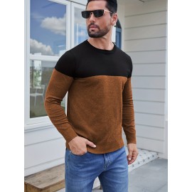 Men'S Casual Long Sleeve Crew Neck Sweater - & Grey Color Block Design, Soft Stretchy Fabric, Regular Fit, Spring/Fall Essential for Casual Attire, Knit, Spring Fall Clothing, Classic Knitwear, Comfortable Knitwear