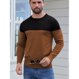 Men'S Casual Long Sleeve Crew Neck Sweater - & Grey Color Block Design, Soft Stretchy Fabric, Regular Fit, Spring/Fall Essential for Casual Attire, Knit, Spring Fall Clothing, Classic Knitwear, Comfortable Knitwear
