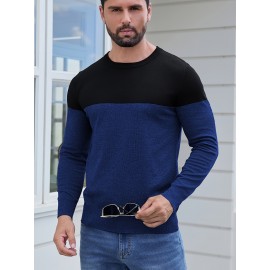 Men'S Casual Long Sleeve Crew Neck Sweater - & Grey Color Block Design, Soft Stretchy Fabric, Regular Fit, Spring/Fall Essential for Casual Attire, Knit, Spring Fall Clothing, Classic Knitwear, Comfortable Knitwear