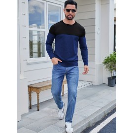 Men'S Casual Long Sleeve Crew Neck Sweater - & Grey Color Block Design, Soft Stretchy Fabric, Regular Fit, Spring/Fall Essential for Casual Attire, Knit, Spring Fall Clothing, Classic Knitwear, Comfortable Knitwear