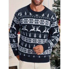 Men's Christmas Knit Sweater - Loose Fit Round Neck Pullover, Traditional Holiday Party Attire, Winter Wedding & Xmas Party Outfit, Cozy Autumn/Winter Sweaters for men, Christmas Gift (Hand Washable)