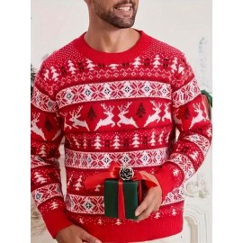 Men's Christmas Knit Sweater - Loose Fit Round Neck Pullover, Traditional Holiday Party Attire, Winter Wedding & Xmas Party Outfit, Cozy Autumn/Winter Sweaters for men, Christmas Gift (Hand Washable)