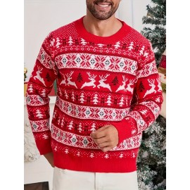 Men's Christmas Knit Sweater - Loose Fit Round Neck Pullover, Traditional Holiday Party Attire, Winter Wedding & Xmas Party Outfit, Cozy Autumn/Winter Sweaters for men, Christmas Gift (Hand Washable)