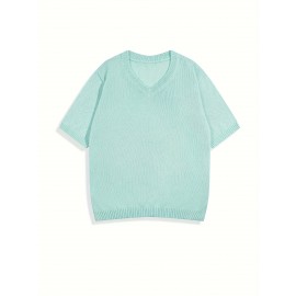 Men's Mint Green V-Neck Short Sleeve Sweater - Soft Pastel Casual Knit Sweater for Everyday & Formal Wear, All-Season Layering Essential, Minimalist Solid Color Design in Light Green (Hand Washable) - Versatile Spring Summer Outfits, Relaxed Fit with V-Neckline, Smooth Texture, Suitable for Men and Women, Solid Color Minimalist Style, Comfortable for All Seasons