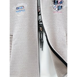 Men'S Thick Warm Winter Jacket with Plush - Geometric Pattern Full-Zip Casual Coat, Stand Collar & Long Sleeve, Grey/Navy, Versatile Outerwear for Everyday & Semi-Formal Occasions, Durable & Comfortable Cold-Weather Coat