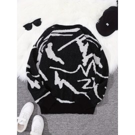 Men's Soft Beige & Brown Geometric Pattern Sweater - Casual Round Neck Long Sleeve Knit Pullover, Warm Winter & Spring/Fall Layering, Comfortable Beige & Brown Color Block Sweater for Men, Versatile Everyday & Formal Outfits, Hand Washable Knit Sweater with Modern Geometric Design, Relaxed Fit for Autumn and Spring Wear, Stylish and Cozy Knitted Top, Knit Sweater Men, Knitted Sweater Men