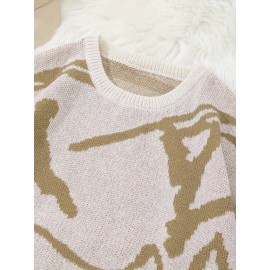 Men's Soft Beige & Brown Geometric Pattern Sweater - Casual Round Neck Long Sleeve Knit Pullover, Warm Winter & Spring/Fall Layering, Comfortable Beige & Brown Color Block Sweater for Men, Versatile Everyday & Formal Outfits, Hand Washable Knit Sweater with Modern Geometric Design, Relaxed Fit for Autumn and Spring Wear, Stylish and Cozy Knitted Top, Knit Sweater Men, Knitted Sweater Men