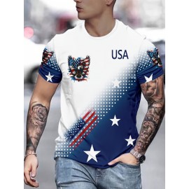 USA Flag 3D Print Casual Men's T-Shirt - 100% Polyester Knit Fabric, Regular Fit, Slight Stretch, 110g/m²