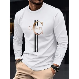 Men'S Casual Long Sleeve T-Shirt with Calvin Letter Print - Green, Round Neck, Stretch Fabric, All-Season Comfort, Regular Fit, Everyday Tshirt | Relaxed Fit Shirt | Comfortable Fit