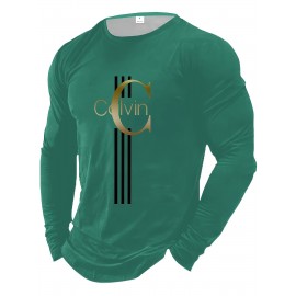 Men'S Casual Long Sleeve T-Shirt with Calvin Letter Print - Green, Round Neck, Stretch Fabric, All-Season Comfort, Regular Fit, Everyday Tshirt | Relaxed Fit Shirt | Comfortable Fit