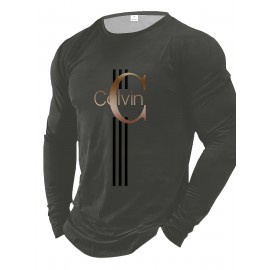 Men'S Casual Long Sleeve T-Shirt with Calvin Letter Print - Green, Round Neck, Stretch Fabric, All-Season Comfort, Regular Fit, Everyday Tshirt | Relaxed Fit Shirt | Comfortable Fit