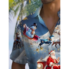 Men's Vintage Christmas Santa Claus Print Short Sleeve Dress Shirt with Collar & Pocket - Single-Button Closure, Machine Washable Holiday Party Attire, Pocket Square Compatible (Santa & Reindeer/Elf Patterns) - Summer Button