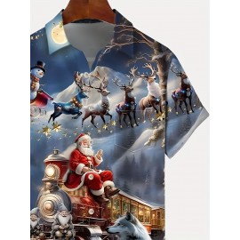 Men's Vintage Christmas Santa Claus Print Short Sleeve Dress Shirt with Collar & Pocket - Single-Button Closure, Machine Washable Holiday Party Attire, Pocket Square Compatible (Santa & Reindeer/Elf Patterns) - Summer Button