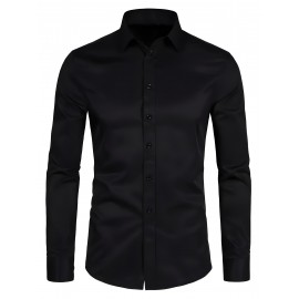 Men'S Polyester Casual Dress Shirt - Solid Color, Button-Up, Lapel Collar, Moderate Stretch, Comfortable Design for All Seasons, 120g/㎡, Casual Wear|Modern Casual Shirt|Sleek Appearance