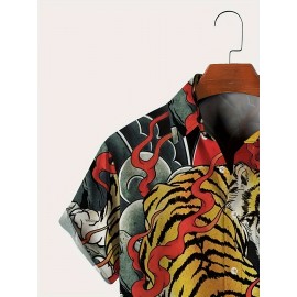 Men's Japanese Ukiyo-e Tiger Shirt - Bold Red & Black Flame Button-Up, Lightweight Non-See-Through Fabric, Regular Fit Casual Shirt for Everyday & Formal Events, Plus Size Available, Summer Outfit, Digital Heat Transfer