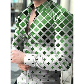 Men's Boho Chic Long Sleeve Shirt - Green & White Geometric Pattern, Machine Washable, Polyester Button-Up with Lapel Collar for Spring/Fall