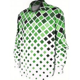 Men's Boho Chic Long Sleeve Shirt - Green & White Geometric Pattern, Machine Washable, Polyester Button-Up with Lapel Collar for Spring/Fall