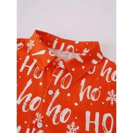 Men'S 3D Print Cartoon Christmas Snowflake & HO HO HO All-Over Print Long Sleeve Button-Up Shirt - Red with Snowflakes, Casual Holiday & Casual Attire, All-Season Comfort, Regular Fit, Easy-Care Fabric for Parties & Casual Outfits