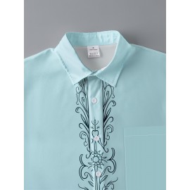 Men'S Floral Print Ethnic Floral Shirt - Light Blue Short Sleeve Button-Up with Intricate White & Green Floral Design, Vintage-Inspired Summer Casual Wear, Non-Stretch Fabric, Perfect for Beach or Vacation, Beach Attire, Vacation Style, Elegant Lapel Collar, Nonstretch Fabric, Men Shirt Short Sleeve, Shirt For Men, Men Shirt, Men Clothe, Shirt For Men Stylish
