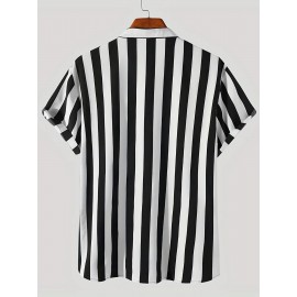 Men's Hawaiian Shirt - Black & White Striped with Orange Collar, Short Sleeve Summer Beach Shirt, Relaxed Fit Casual & Semi-Formal Outfits, Machine Washable Tropical Shirt for Men, Mismatched Pattern with Black and White Stripes, Breathable Fabric for Warm Weather, Stylish and Comfortable for Beach Outings and Casual Attire, Hawaiian Shirt Men Plus Size