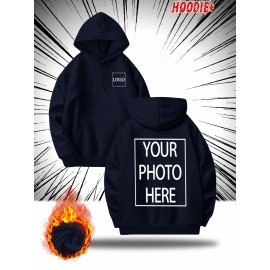 [Personalized Hoodie] Personalized Men's Hoodie - Customizable Photo/Text Front & Back, Navy Blue with White Lettering, All-Season Comfort Fit, Casual Sporty Design for Halloween Christmas Gifts, Durable Casualwear