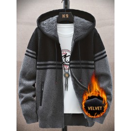 autumn and winter new casual striped hooded knitted sweater for middle-aged and young men, fashionable jacket, Seasonal Clothing, Everyday Sweater, Stylish Outerwear, Trendy Jacket, Warm Material, Pullover Jacket, Men's Sweater, Urban Style