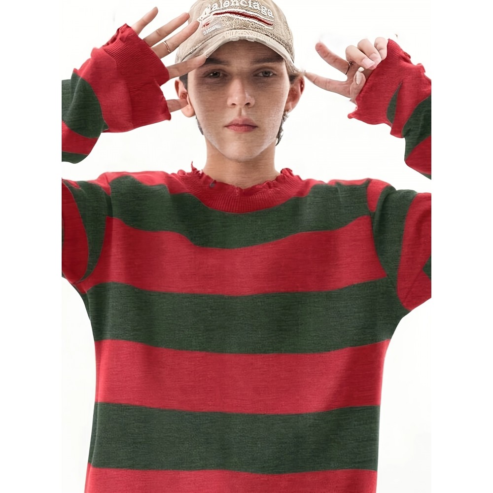 Long-Sleeved Sweatshirt for Autumn And Winter, Featuring a Stylish Checkered Perforated Design with a Unique Distressed Round Neck, Perfect for Keeping Warm for Men., Autumn Clothes Men, Jumpers For Men, Men Sweatshirt, Mens Jumpers, Mens Sweaters, Pullover Men, Sweatshirt Men, Winter Jumper Men