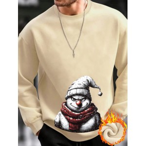 1pc Men'S Casual Crew Neck Sweatshirt, Thick Knit Polyester, Slight Stretch, Cozy Skin-Friendly Fabric, Print Snowman Design, Fall/Winter Warmth