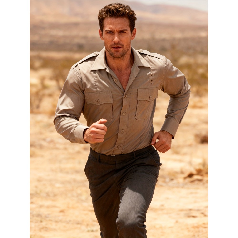 Men'S T8512KH 37-Inch Tactical Shirt - 65% /35% Blend, Ripstop Breathable Long Sleeve Button- with V-Neck & Tight-Fit Design, Outdoor Hiking & Work Shirt for Spring/Fall, Tactical & Casual Wear, Durable Stretch Fabric for Hunting, Camping