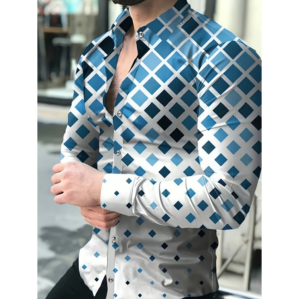 Men's Boho Chic Long Sleeve Shirt - Green & White Geometric Pattern, Machine Washable, Polyester Button-Up with Lapel Collar for Spring/Fall