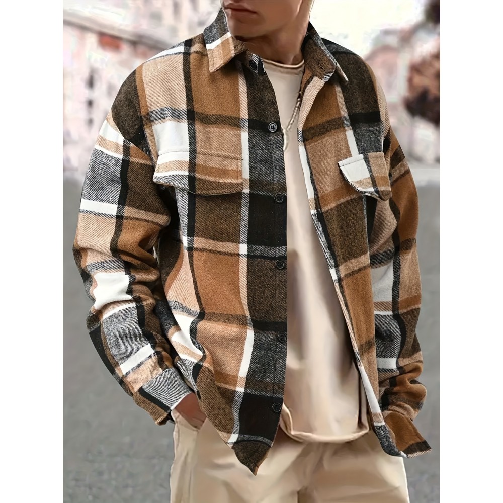 [Vintage Plaid Shirt] Vintage Plaid Shirt for Men | Single-Breasted, Loose Fit, Long Sleeve Casual Top | Black & White Checkered Pattern, Button-Up Front, Nonelastic Fabric | Perfect for Fall/Winter Outings & Casual Wear