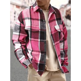 [Vintage Plaid Shirt] Vintage Plaid Shirt for Men | Single-Breasted, Loose Fit, Long Sleeve Casual Top | Black & White Checkered Pattern, Button-Up Front, Nonelastic Fabric | Perfect for Fall/Winter Outings & Casual Wear